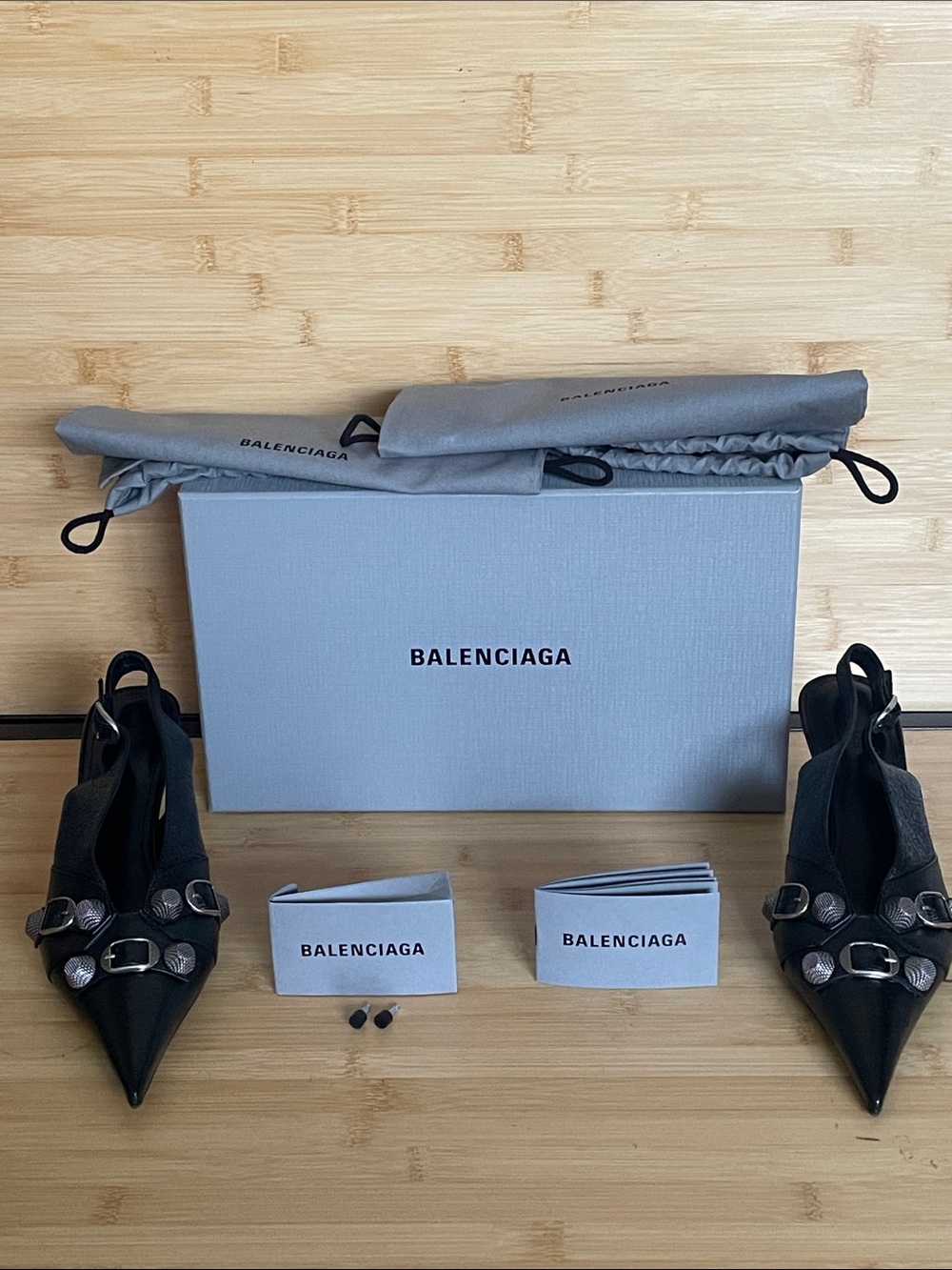 Balenciaga Black Pointed Slingback Heels with Silver Buckle Accents - Picture 9 of 13